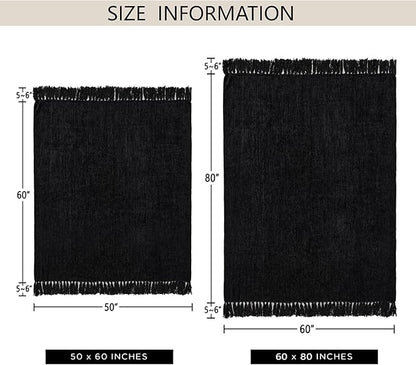 Chenille Throw Blanket for Couch 50"X 60", Soft Cozy Throws with Fringe Tassel for Bed Sofa Chair Cover, Lightweight Knitted Decorative Boho Blankets for Living Room, Black