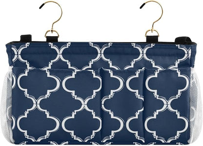 Bedside Caddy Hanging Bunk Bed Caddy Bed Organizer Hanging Pocket with 2 Hooks Bedside Storage Organizer Pocket Bag Holder Navy Blue Geometric Quatrefoil