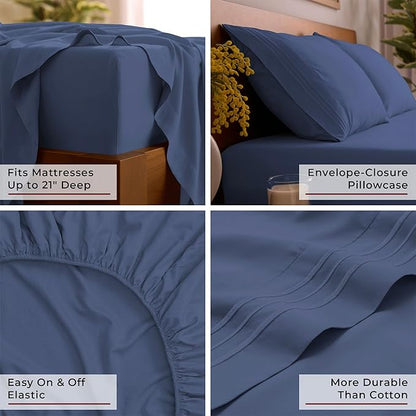 Mellanni California King Sheet Set - 6-Piece Iconic Collection Bedding, (Including 4 Pillowcases), 21-Inch Extra Deep Pocket, Easy Care, Ultra Soft, Cooling Sheets, Brushed Microfiber - Blue Nova