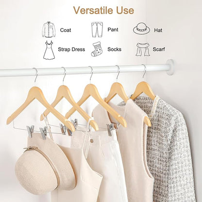 TOPIA HANGER Wooden Suit Hangers with Adjustable Metal Clips (20 Pack), Solid Smooth Wood Clothes Hangers, 360° Swivel Hook, Premium Pants Hangers for Clothes Coat, Jeans, Blouse-Natural, CT28N20