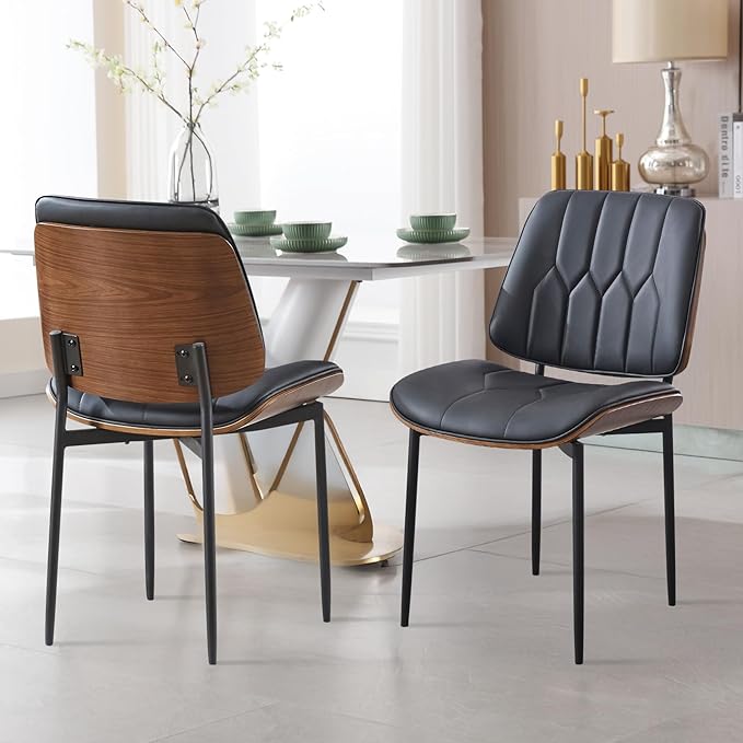 BV Mid Century Modern Dining Chairs Set of 6, Upholstered Pu Leather Armless Accent Chair with Walnut Bentwood Back, Retro Kitchen Chair for Dining Room, Living Room, Kitchen, Black