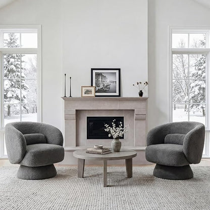 Swivel Accent Chair, Modern 360 Degree Swivel Barrel Chair with Arms & Curved Back and Lumbar Support Cushion, Comfy Round Single Boucle Sofa for Small Space, Living Room, Bedroom, Gray