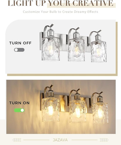 Bathroom Vanity Light Fixtures Over Mirror 3-Light Hammered Glass Wall Mounted Modern Brushed Nickel - VL01BNH-3