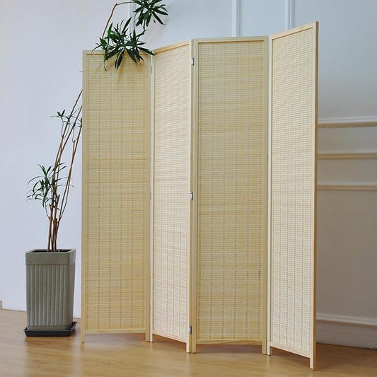Furnnylane 4 Panel Bamboo Room Divider and Folding Panel Screen,Bamboo Panel Divider for Room Separation,Beige,67" H x 61.4" W