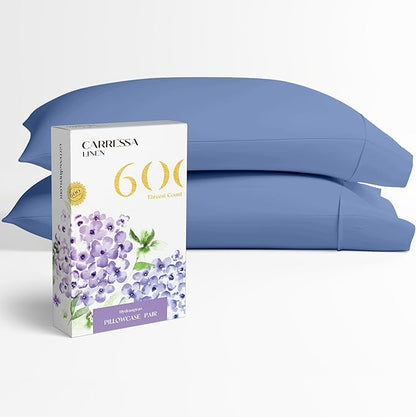 Carressa Linen 100% Egyptian Cotton Pillow Cases Queen Size Set of 2 - Luxury 600 Thread Count Deep Blue Standard/Queen Size Pillowcases, Silky Soft, Cooling Sateen Weave Hotel Quality Pillow Cover