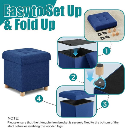 BRIAN & DANY Ottoman with Storage, Small Storage Ottoman for Dorm, Linen Folding Ottoman Foot Stool with Legs for Living Room and Bedroom, 14.8"x14.8"x16.1" - Blue