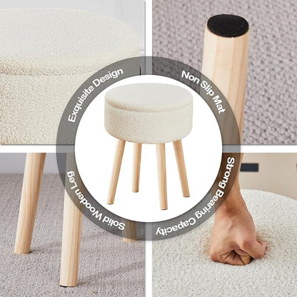 Mxfurhawa Storage Ottoman Foot Stool Teddy Velvet Round Vanity Stool Tray Top Footstool with Wood Legs Upholstered Foot Rest Ottoman for Living Room, Bathroom, Makeup (White)