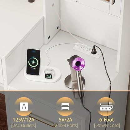 58.3”Vanity Desk with Mirror and Charging Station, Bedroom Dressing Table, Large Vanity Set, 8 Drawers and 2 Cabinets, Makeup Vanity Table with Charging Station, Without Lights