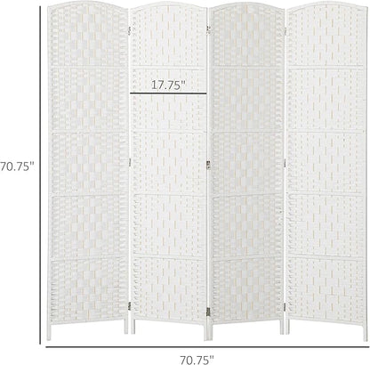 HOMCOM Room Divider, 4 Panel Folding Privacy Screen, 6FT Tall Portable Wicker Weave Partition Wall Divider for Bedroom, Home Office, White