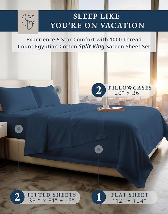LANE LINEN 100% Cotton Split King Sheets for Adjustable Beds - 1000 Thread Count, Long Staple Mercerized Bedding Sheets, Luxury Hotel Like Thick 15" Deep Pocket Reinforced French Seams - Estate Blue