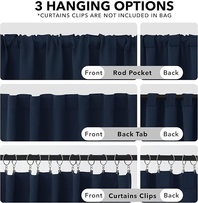 Deconovo Solid Back Tab and Rod Pocket Curtains Thermal Insulated Blackout Window Curtains for Kitchen 52Wx54L Inch Navy Blue 2 Panels