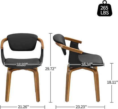Art Leon Dining Chairs Set of 2 - Mid Century Modern Retro Faux Leather Chair, Small Comfy Upholstered Swivel Desk Chairs No Wheels, Black
