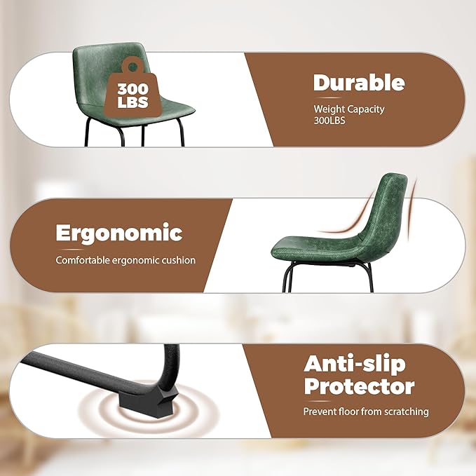 Dining Chairs Set of 2, 18 Inch Modern Armless Dining Chair with Back, Faux Leather Kitchen Dining Room Chair with Metal Legs for Home, Bistro Coffee Shops (Green)