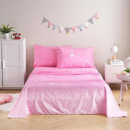 JSD Gradient Pink Moon Stars Kids Sheet Set Twin Size, 3 Piece Space Theme Microfiber Sheets Deep Pocket