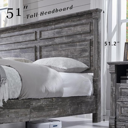 Farmhouse King Size Bed Frame with 51" Tall Headboard, Wood Platform Bed Frame with 20" Tall Roman Column Decoration Footboard & 3 Large Storage Drawers, No Box Spring Needed (Light Grey)