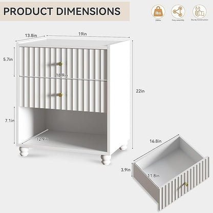 Modern Nightstand, Fluted End Table with 2 Drawers, Nightstand with Open Shelf for Bedroom (2, White)