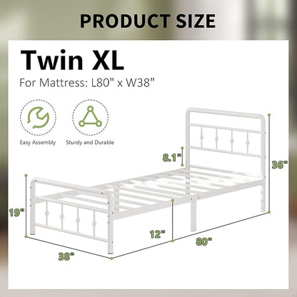 12 Inch Twin XL Bed Frames with Headboard and Footboard, Heavy Duty XL Twin Metal Mattress Foundation No Box Spring Needed, Noise Free, Easy Assembly, White
