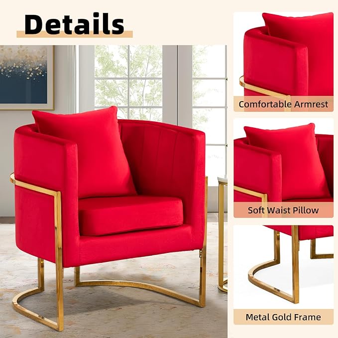 Velvet Modern Accent Chair, Upholstered Barrel Armchair Mid Century with Pillow for Living Room, Comfy Single Vanity Chair with Metal Gold Legs for Bedroom, Rose Red