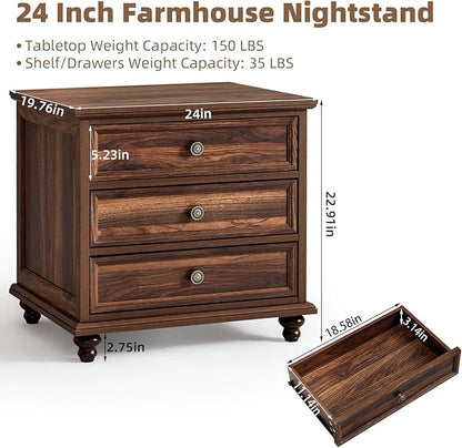 24" Wide Farmhouse Night Stand,Large End Table with 3 Drawers & Metal Handle,Wood Dresser for Bedroom Cabinet, Bed Side Table Chest of Drawers,Brown Nightstand for Living Room,Close