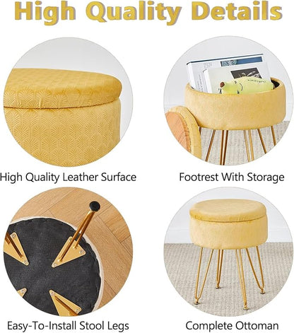 Cpintltr Velvet Ottoman Round Footrest Footstools with Storage Space Soft Vanity Chair with Memory Foam Seat Small Side Table Hallway Step Stool 4 Gold Metal Legs with Adjustable Footings Ginger