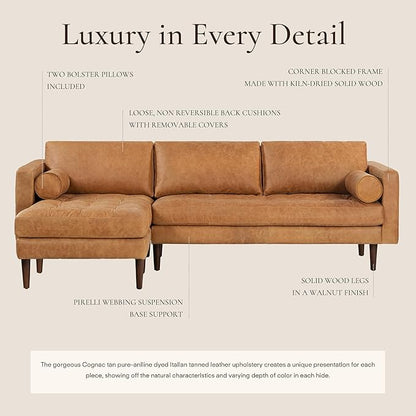 POLY & BARK Napa 104.5" Left-Facing Sectional Sofa – Cognac Tan Full-Grain Pure-Aniline Italian Leather, Feather-Down Cushions, Kiln-Dried Solid Wood Frame, Walnut Legs