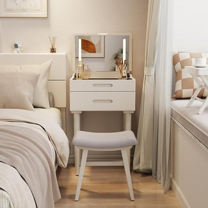 Solid Wood Small Vanity Desk with Mirror and Lights, Narrow Makeup Vanity for Small Space, Flip Top Vanity Side Table, 3 Color Modes & Adjustable Brightness, 19.6" Slim Dressing Table, White