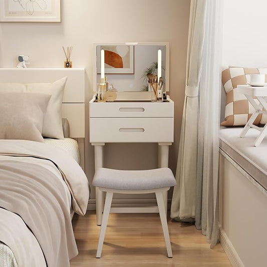 Solid Wood Small Vanity Desk with Mirror and Lights, Narrow Makeup Vanity for Small Space, Flip Top Vanity Side Table, 3 Color Modes & Adjustable Brightness, 19.6" Slim Dressing Table, White
