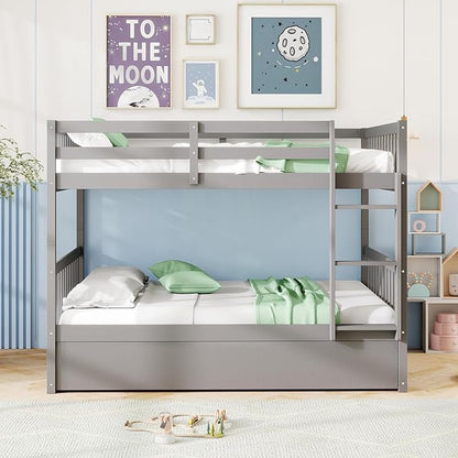 Giantex Full Over Full Bunk Bed with Trundle, Solid Wood Trundle Bed Frame w/Guardrails and Ladder, Convertible to 2 Beds, Full Size Bunk Beds for Adults Kids Teens, No Box Spring Needed, Grey