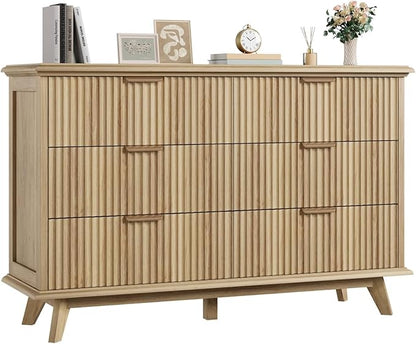 QUW Modern Fluted Dresser for Bedroom with 6 Drawers,47.2" Wood Closet Organizers and Storage,Wide 6 Drawer Dresser with Metal Handle,Hallway,Living Room(Natural Oak)