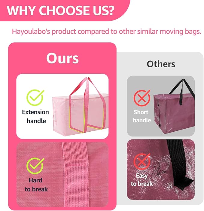Moving Bags Heavy Duty Extra Large, Moving Boxes, Moving Supplies Essentials,Storage Bins with Lids, Plastic Packing Totes, Storage Bags for Clothes with Handles & Zippers(Pink, 8 Pack)