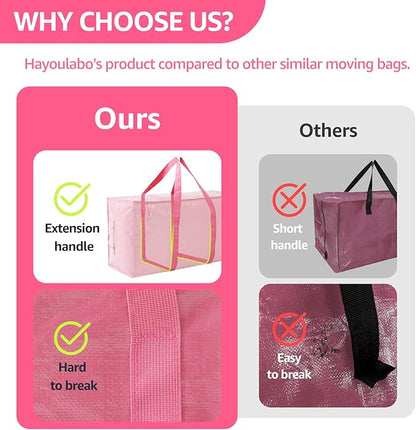 Moving Bags Heavy Duty Extra Large, Moving Boxes, Moving Supplies Essentials,Storage Bins with Lids, Plastic Packing Totes, Storage Bags for Clothes with Handles & Zippers(Pink, 6 Pack)