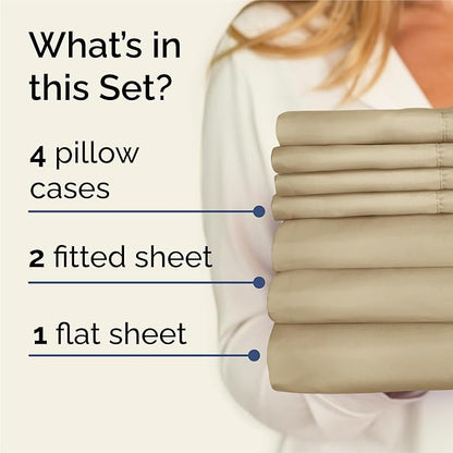 Split King 7 Piece Sheet Set - Cooling & Breathable - Hotel Luxury Bedding - Includes Fitted Sheets for Women, Men, Kids and Teens - 1 Flat, 2 Fitted Sheets, 4 Pillowcases with Deep Pockets - Beige
