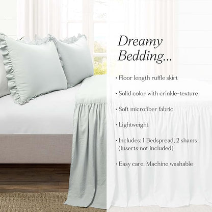 Lush Decor Ruffle Skirt Bedspread Set - 3-Piece Luxurious Farmhouse Bedding - Elegant Ruffle Detail - Timeless Style - Soft Lightweight Sheets - King, Sea Salt