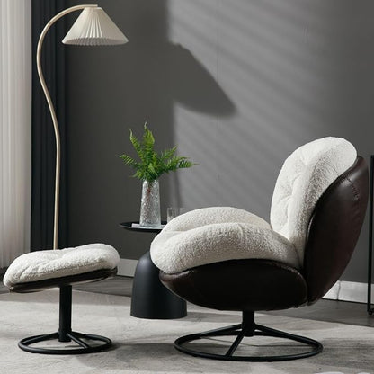 ZHENGHAO Swivel Accent Chair with Ottoman, Mid Century Modern Faux Fur Lounge Chair with footrest, Comfy Fluffy Armchair with 360° Metal Base for Reading/Living Room/Bedroom, White