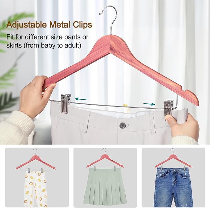 TOPIA HANGER American Red Cedar Wooden Hangers with Adjustable Metal Clips and 360° Swivel Hook, Premium Wood Clothes Hangers 10 Pack for Suit, Pant, Skirt, Jeans, Coat, Jacket-CT28C