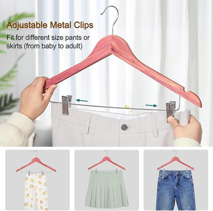 TOPIA HANGER American Red Cedar Wooden Hangers with Adjustable Metal Clips and 360° Swivel Hook, Premium Wood Clothes Hangers 10 Pack for Suit, Pant, Skirt, Jeans, Coat, Jacket-CT28C