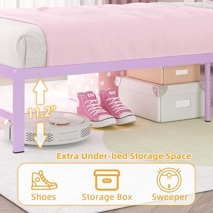 Twin Bed Frames with Charging Station, 2 Tiers Storage Headboard Twin Sized Bed No Box Spring Needed Heavy Duty Metal Platform for Girls, Purple