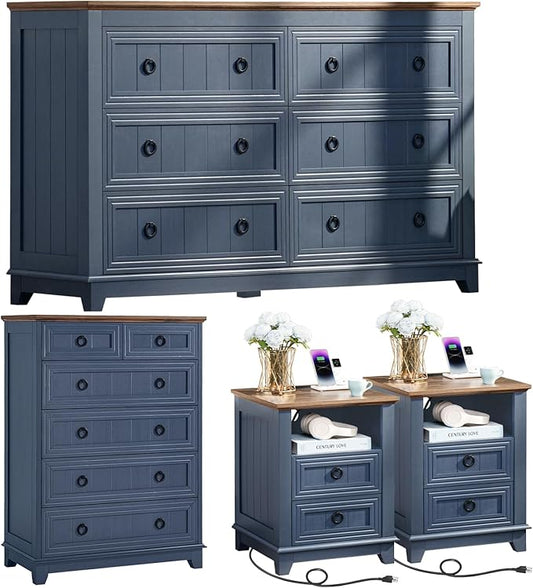 Bedroom Dresser and Nightstand Sets 4 Piece, Farmhouse 6 Drawers Dresser & 40.5" Tall Chest of Drawers,18" Nightstands with Charging Station,54" Wide Furniture Dressers for Bedroom,Living Room