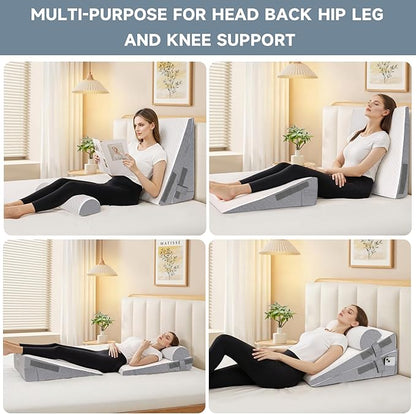 Bed Wedge Pillow for Sleeping, 3 Pcs Adjustable Height 4.5&7.5&12 Inch Triangle Pillow Wedge for Post Surgery, Acid Reflux, Snoring, Legs Pain Relief (Dark Gray)