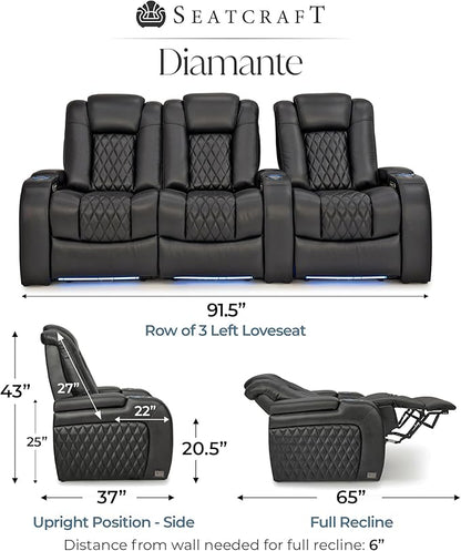 Seatcraft Diamante Zero-Gravity CoolZero Italian Leather Home Theater Seating, Power Headrest, Power Recline, Row of 3 Left Loveseat, Black