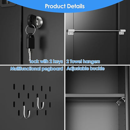 27.55 in Wide Garage Storage Cabinet, Metal Storage Cabinet with Pegboards and 4 Adjustable Shelves, Garage Storage System with Lockable Door for Offices, Gyms and Pantries, Black