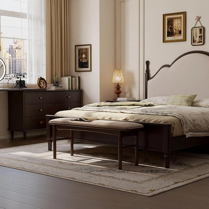 47.2'' Leather Upholstered Dining Bench with 100% Solid Oak Wood Bench Frame, Padded Bed End Bench Ottoman for Kitchen Living Room Bedroom Entryway, Champagne