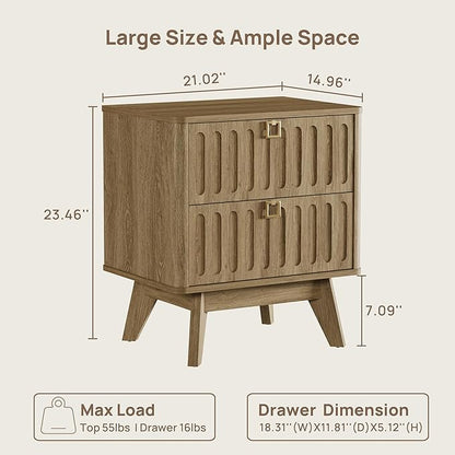 SICOTAS Nightstand Set of 2, Modern Bedside Tables with 2 Drawers, Stable Bedroom Nightstands with Textured Drawer Front and Gold Hardware for Bedroom, Apartment