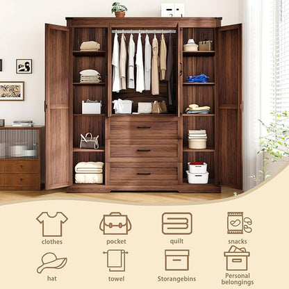 4 Door Armoire Wardrobe Closet Cabinet with 3 Drawers and Drawers, Farmhouse Bedroom Armoire with Hanging Rod and Adjustable Shelves, Large Capacity Storage Wardrobe Armoire for Bedroom, Brown