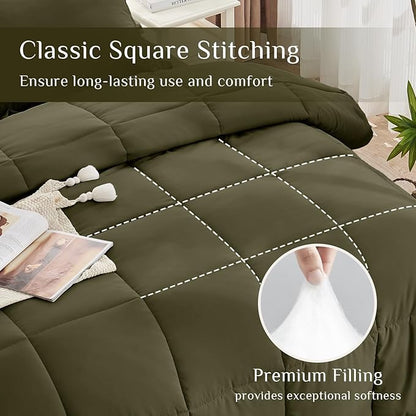 JOLLYVOGUE King Comforter Set, Ultra-Soft Bed in a Bag King Size 7 Pieces, Oeko-TEX Certified Bedding Set with Down Alternative Comforter, Sheets, Pillowcases & Shams, Olive Green