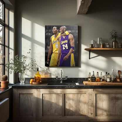 Kobe Bryant Canvas Wall Art Print Poster, Iconic Basketball Player Dual-Era Tribute Artwork, No. 8 and No. 24 Jersey Mamba Mentality Wall Decor for Home Gym Dorm Office Living Room, Framed 20x24inch