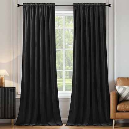 AUSSPVOCT Black Velvet Blackout Curtains 84 Inches for Bedroom, Room Darkening Drapes Super Soft Elegant Thermal Insulated Soundproof Curtain for Living Room, Back Tab Rod Pocket, W52 x L84, 2 Panels