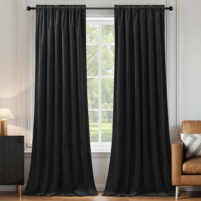 Black Velvet Blackout Curtains Extra Long Room Darkening Drapes Super Soft Elegant Thermal Insulated Soundproof Window Curtains for Bedroom Living Room, Back Tab Rod Pocket, W52 x L108, 2 Panels