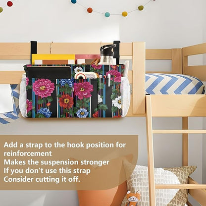 Bedside Caddy Hanging Bunk Bed Caddy Bed Organizer Hanging Pocket with 2 Hooks Bedside Storage Organizer Pocket Bag Holder Mexican Flowers Stripe