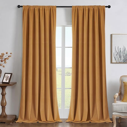 Joydeco Mustard Yellow 100% Blackout Curtains 108 Inch 2 Panels, Luxury Thermal Yellow Velvet Curtains for Bedroom Living Room, Soundproof Blackout Window Drapes, Rod Pocket & Back Tab (52W x 108L)